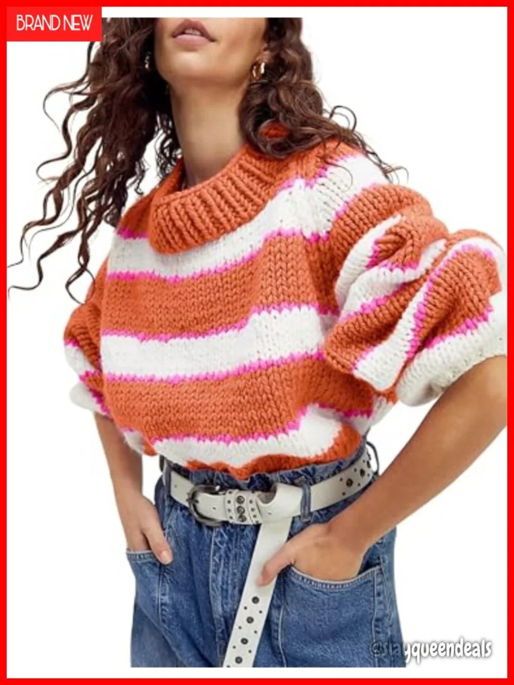 Striped Turtleneck Pullover Sweater Chunky Knit Top Fall Winter